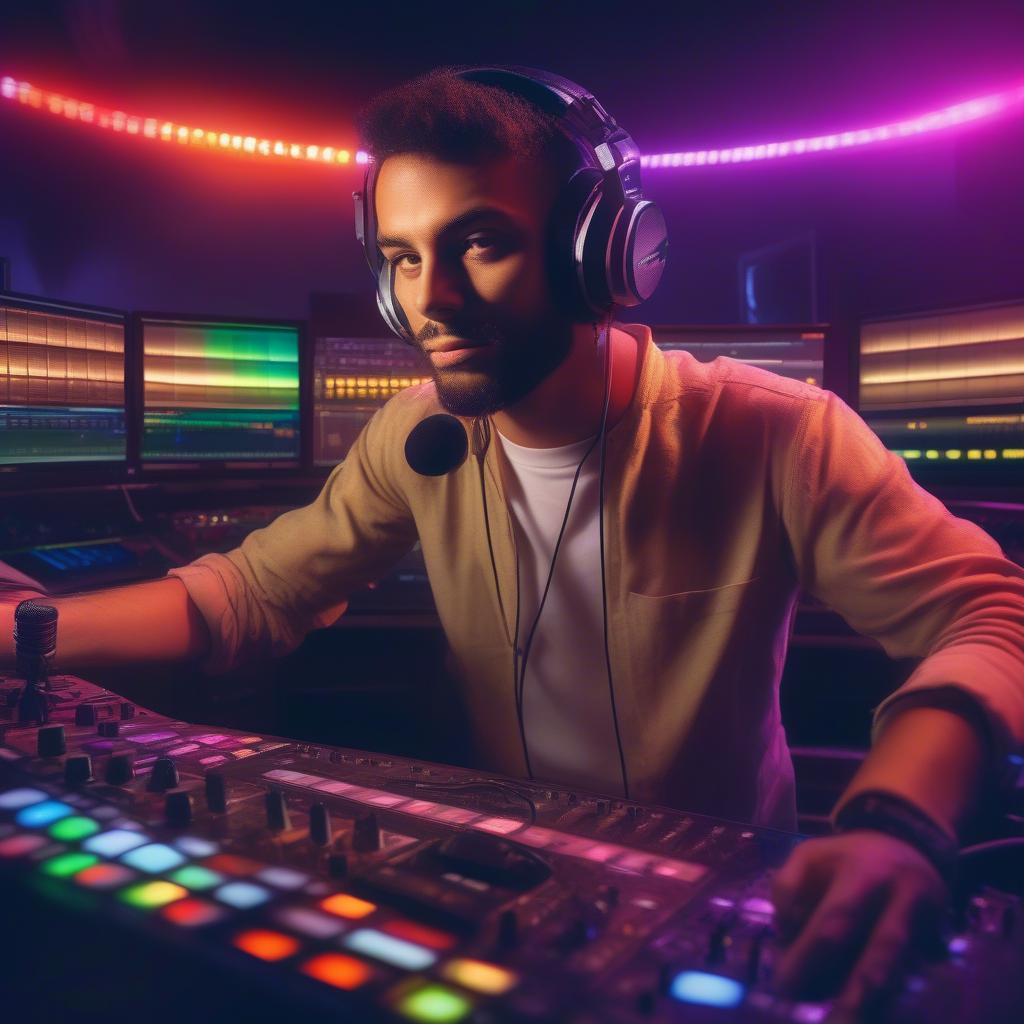 DJ in a 101.9 Radio Studio: A DJ wearing headphones in a professional radio studio, surrounded by mixing equipment and microphones, preparing to announce the next top song.