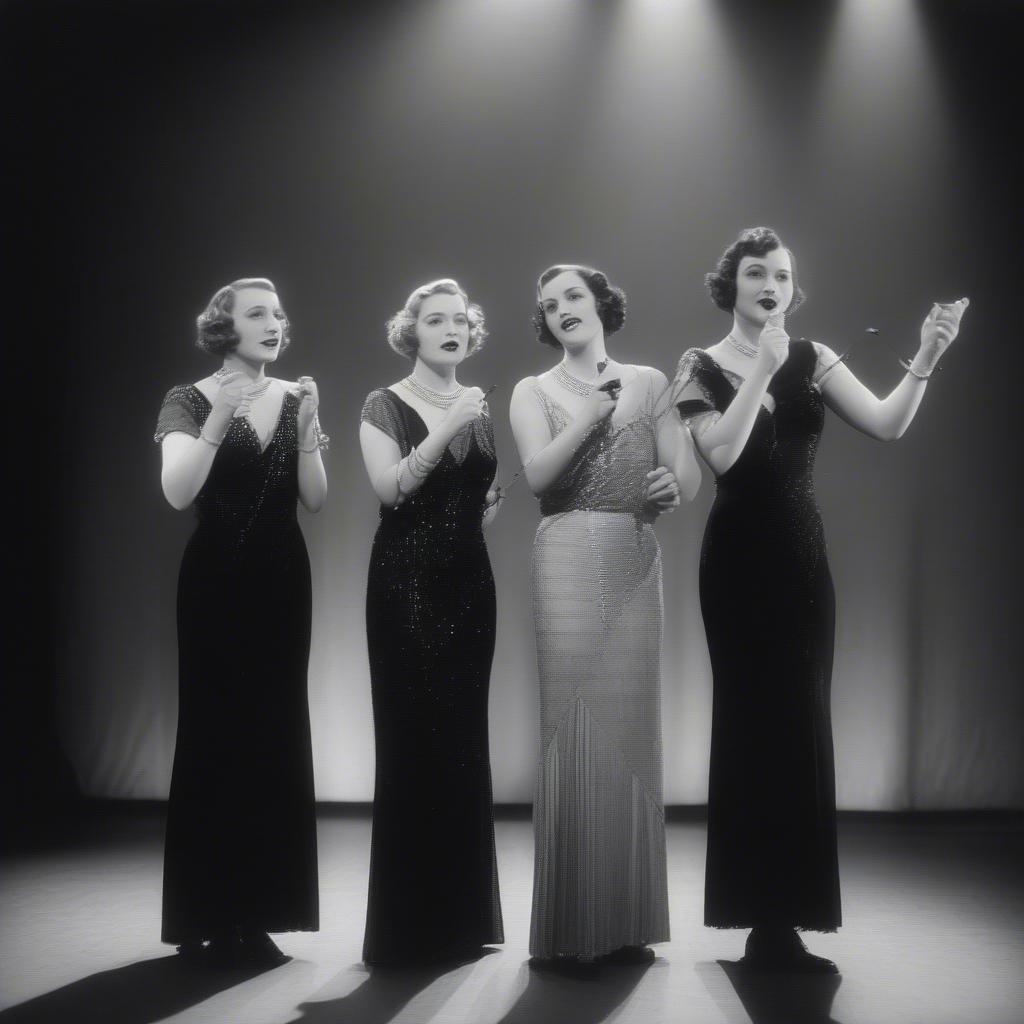 A female barbershop quartet performs on a stage in the 1930s.