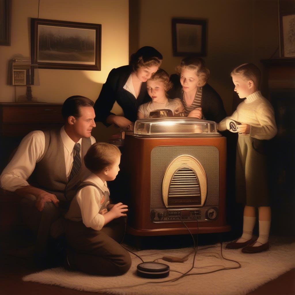 Listening to the Radio in the 1930s: Family gathered around a radio set