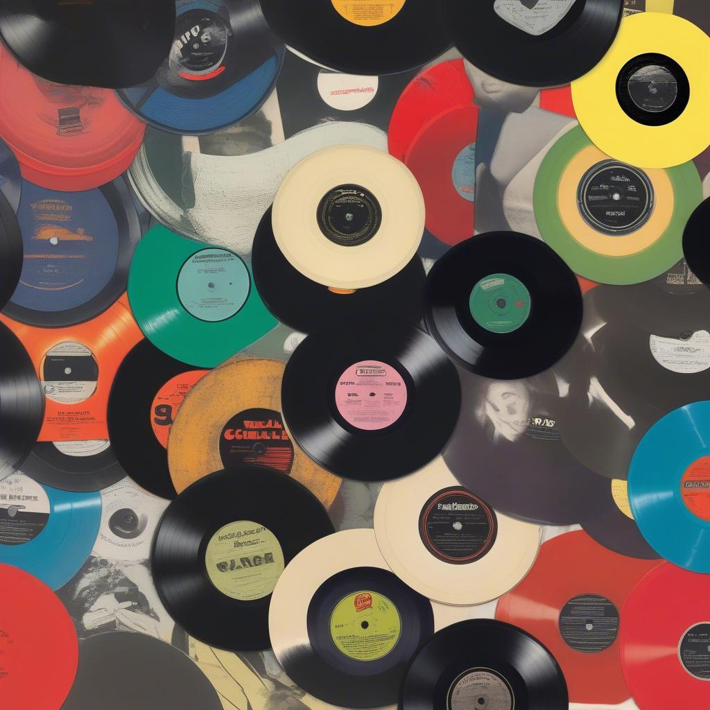 Vintage Vinyl Records from 1950: A collection of colorful 78 rpm records with period labels.