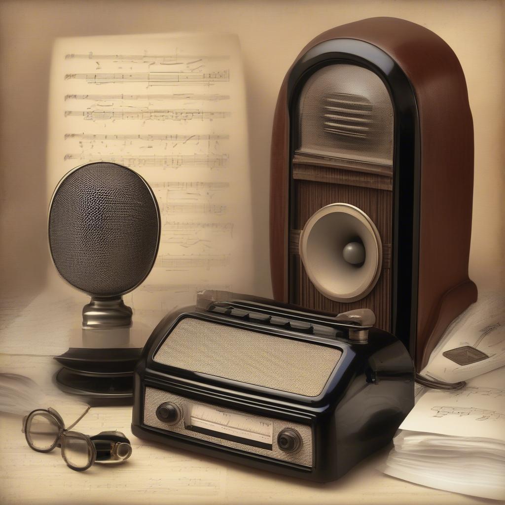 1950s Radio Broadcast: A vintage radio playing music with a microphone and sheet music nearby.