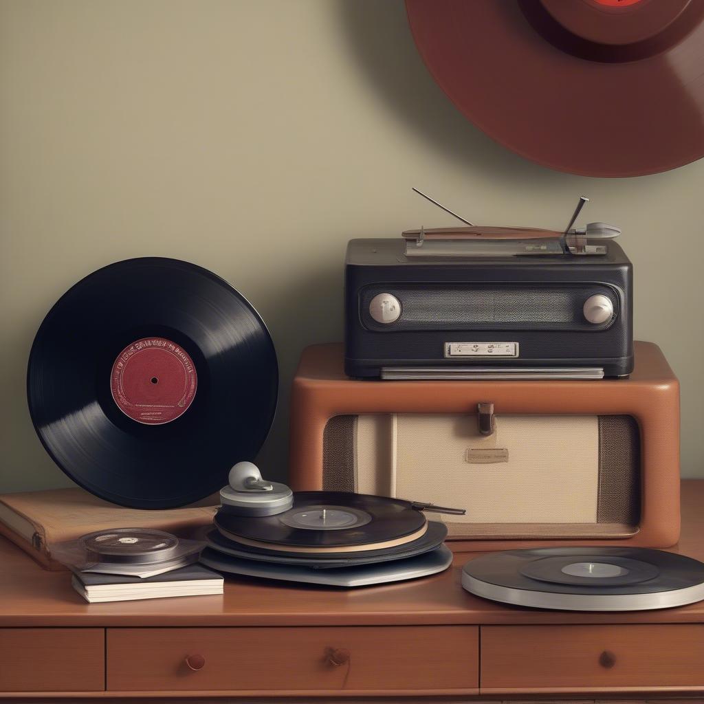 A 1950s record player with a pair of dance shoes beside it.