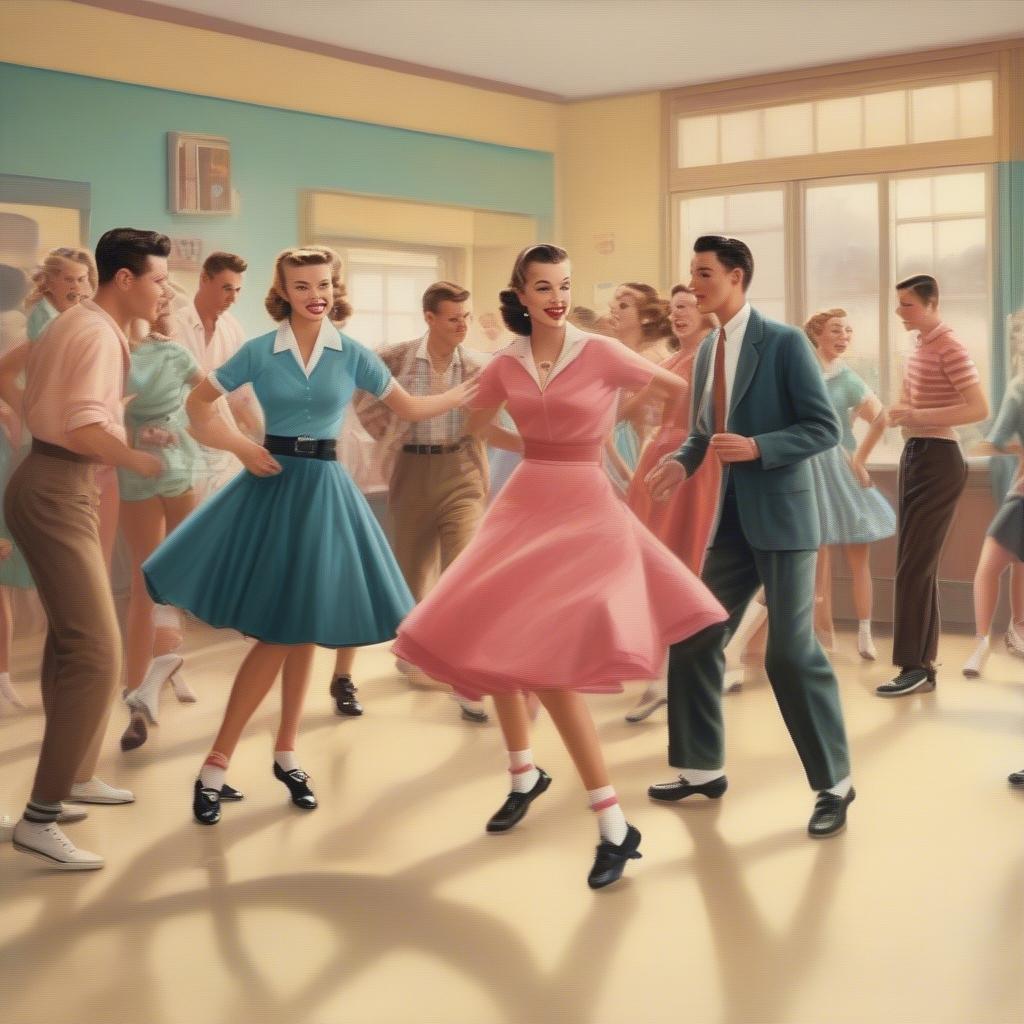 Teenagers dancing the Stroll in a sock hop setting.