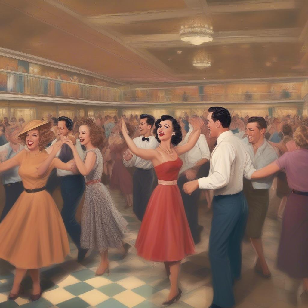 People dancing in a dance hall to the 1953 top hits.