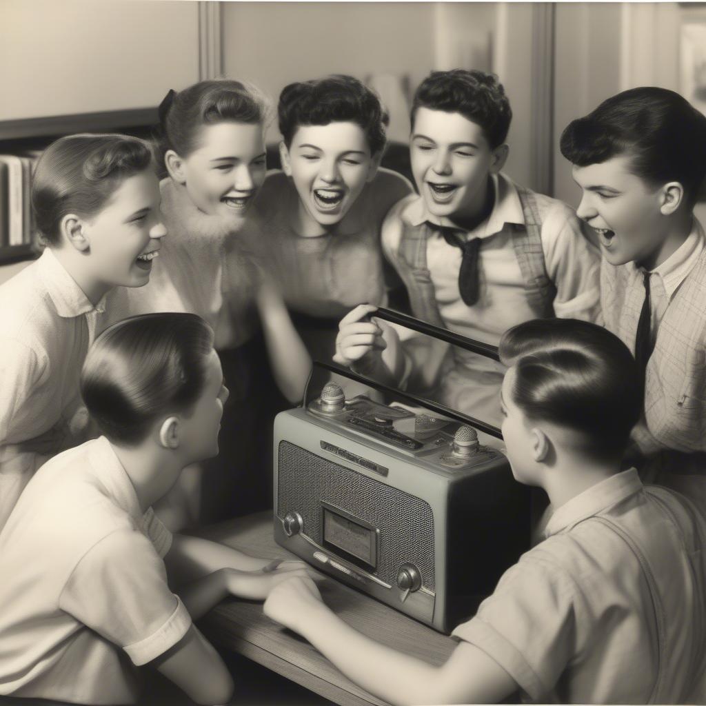 Teenagers listening to a radio in 1953.