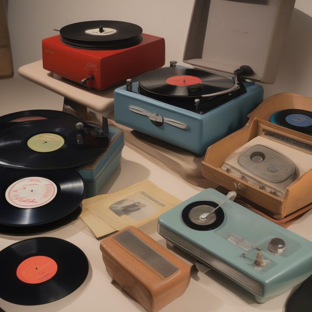 Vintage record players and vinyl records from 1956.