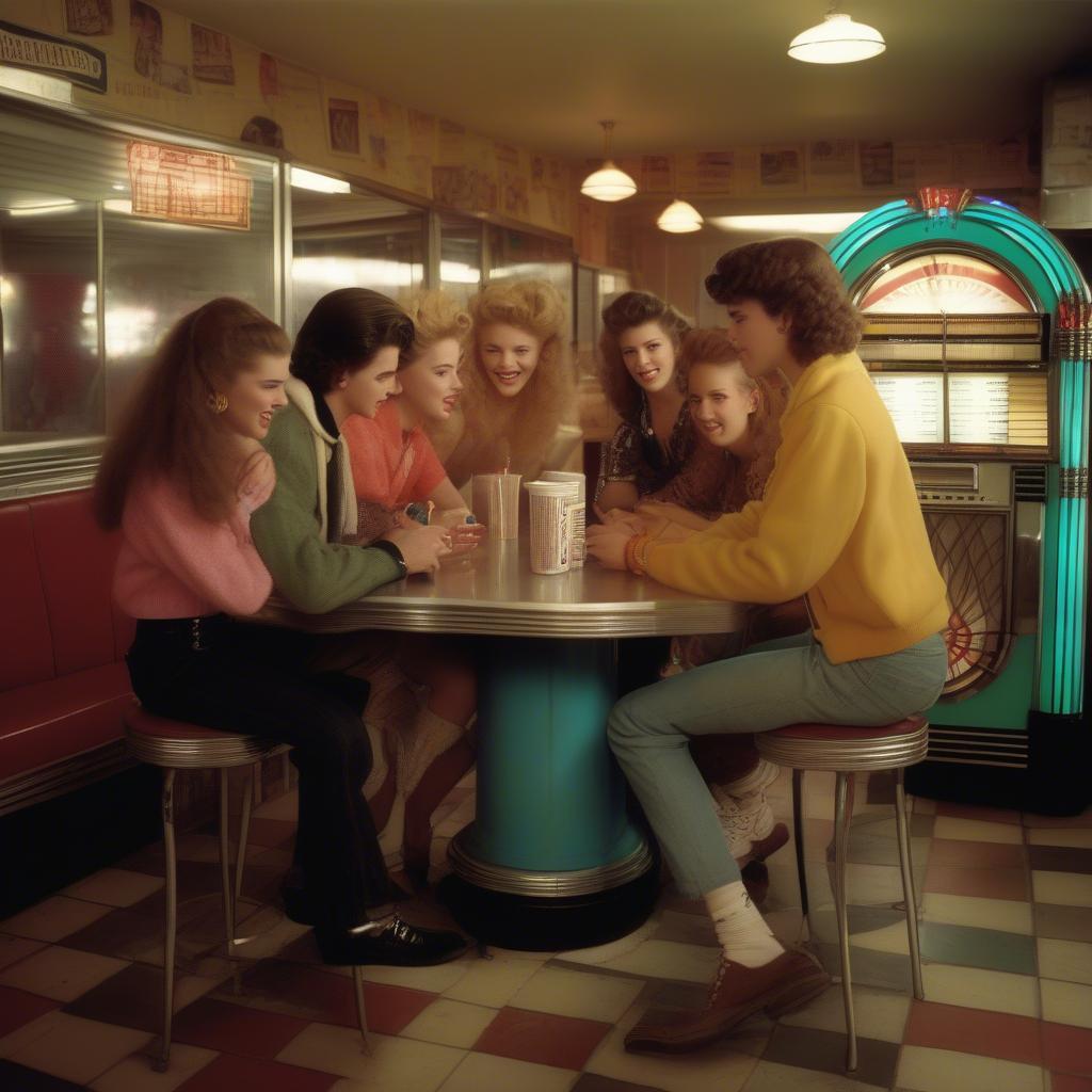 Teenagers gathering around a jukebox in 1957