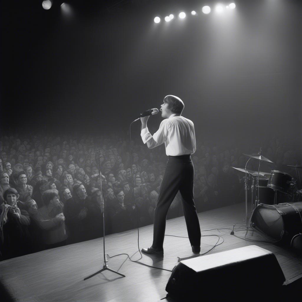 1960s Band Performing: A live band performing on a stage in the 1960s, capturing the energy and excitement of the era's music scene.