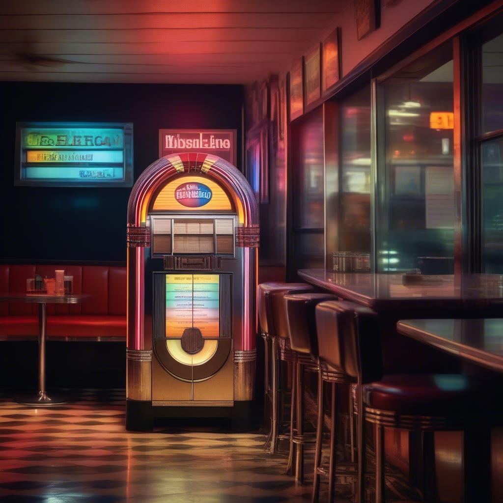 1960s Jukebox: A classic jukebox from the 1960s, illuminated with vibrant colors and displaying a selection of popular songs from the era.