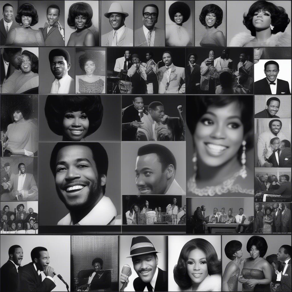 Motown Records artists performing and recording, showcasing the influential sound of the era.