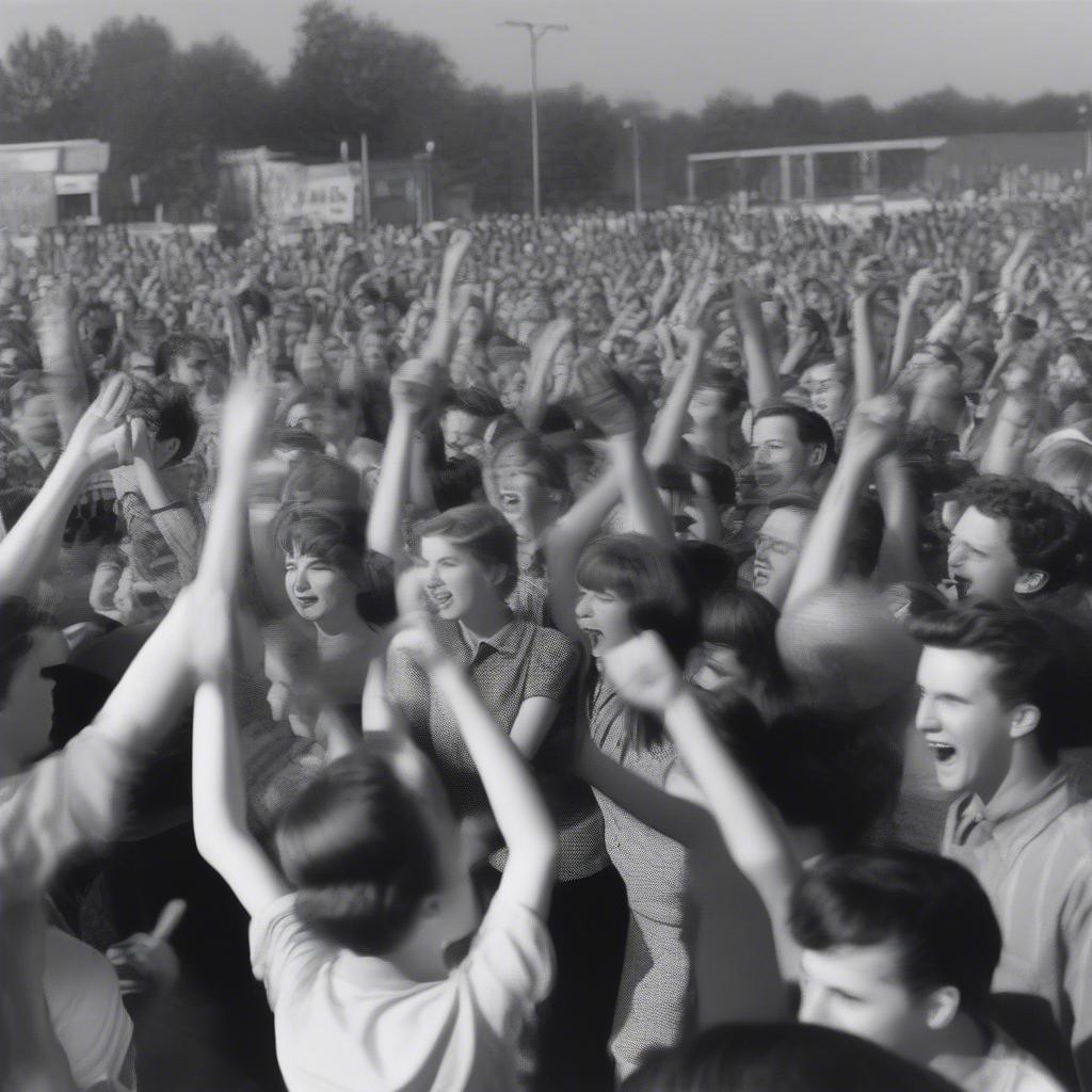 1961 Concert Crowd: A black and white photo of a lively concert crowd in 1961, capturing the energy and excitement of live music.