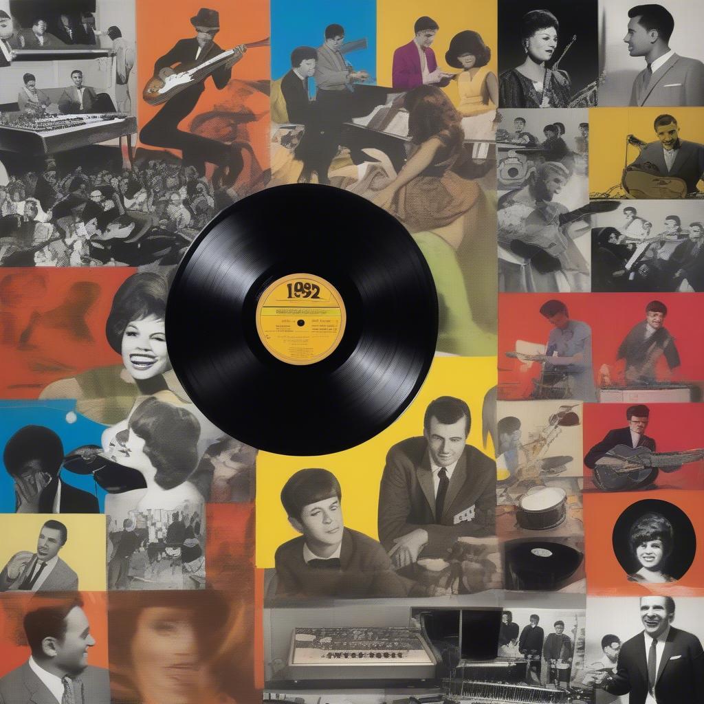 1962 Music Scene:  A vibrant collage showcasing various aspects of the 1962 music scene, including live performances, record players, and images of iconic artists.