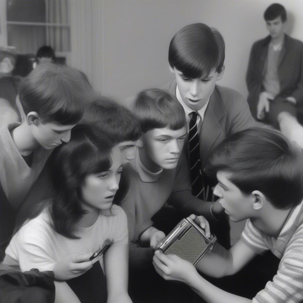 A group of teenagers listening to music on a transistor radio in 1963