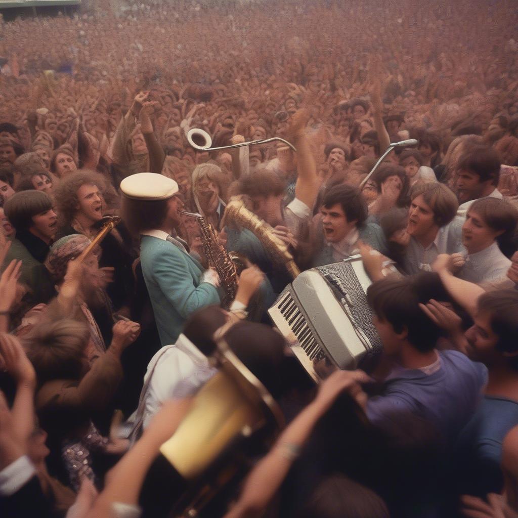 A band performing on a stage in 1968.