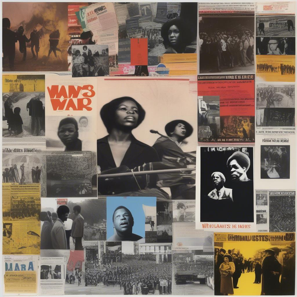 1968 Social Impact on Music: Images depicting protests, concerts, and album covers illustrating the influence of social and political events on the music of 1968.