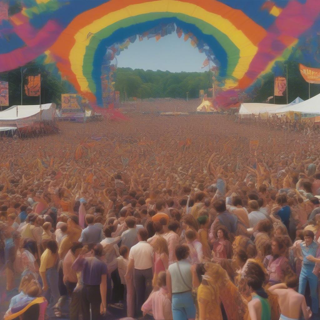 1969 Music Festival: A vibrant scene capturing the energy and atmosphere of a music festival in 1969, with a crowd enjoying live performances.