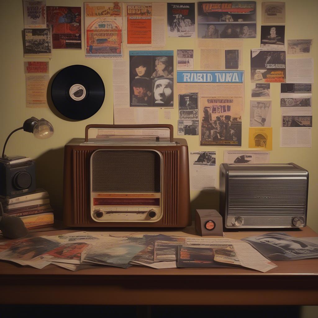 1969 Radio Broadcast: A vintage radio playing music in a room filled with 1969 memorabilia, evoking the nostalgic atmosphere of the era.