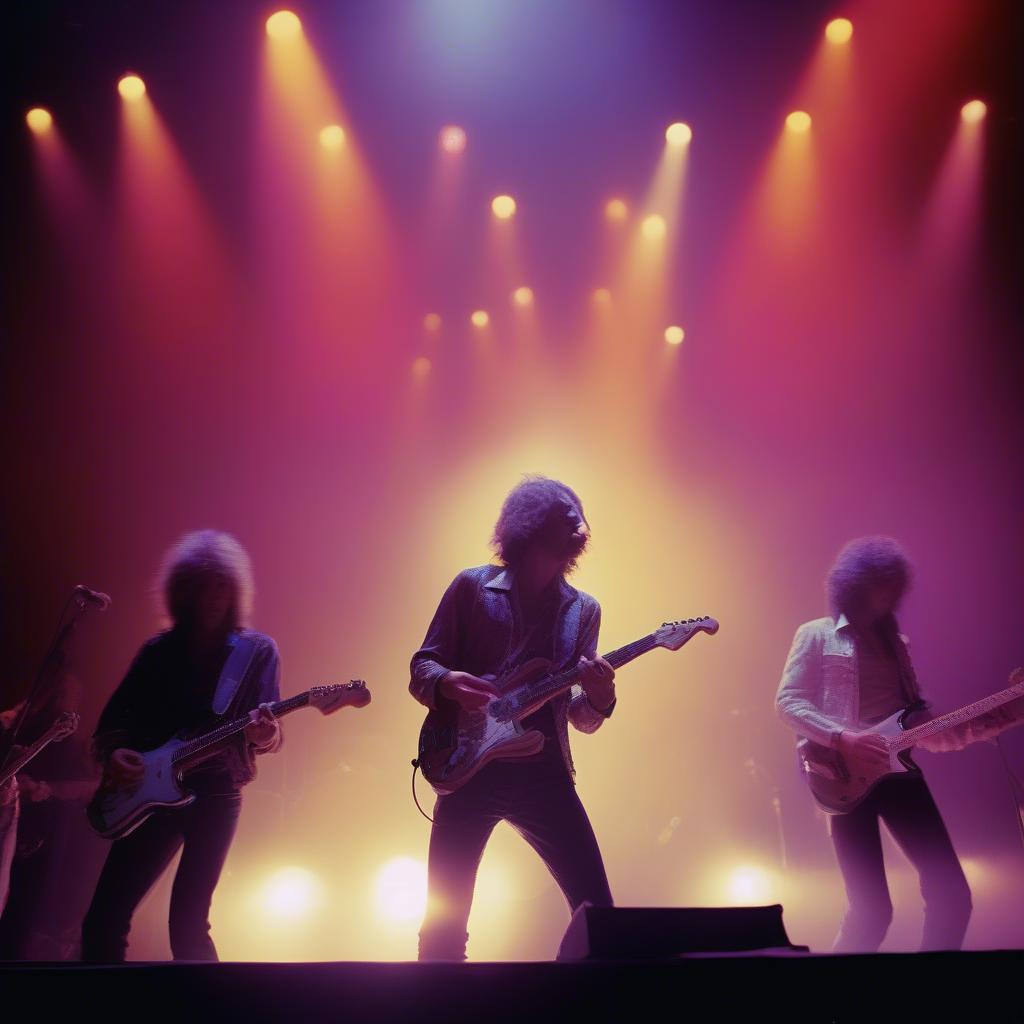 1976 Rock Concert: A rock band performing on stage, energetic crowd, stage lights and fog.