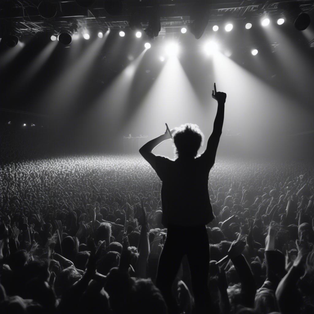 Rock concert in 1977: A band performing on stage with a large crowd cheering, capturing the energy of live music.