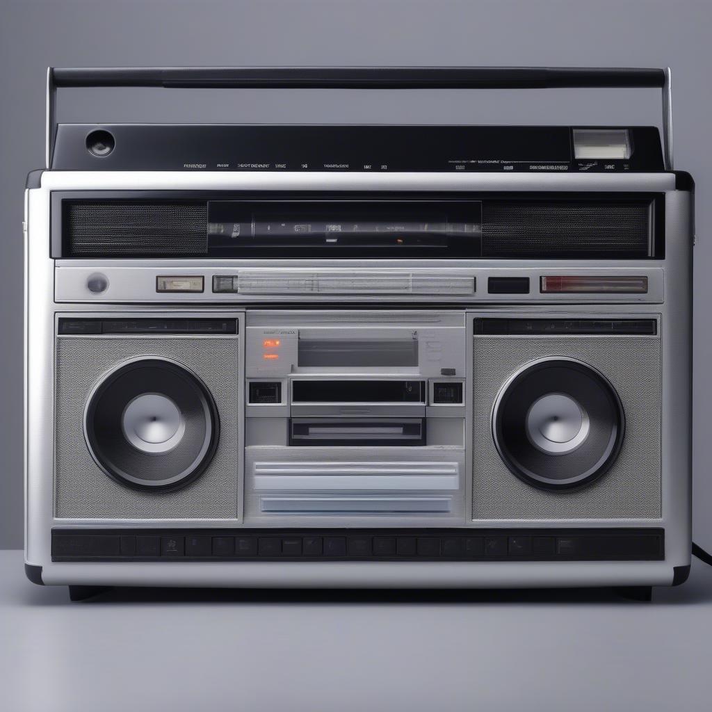 A classic 1980s boombox with a cassette tape playing