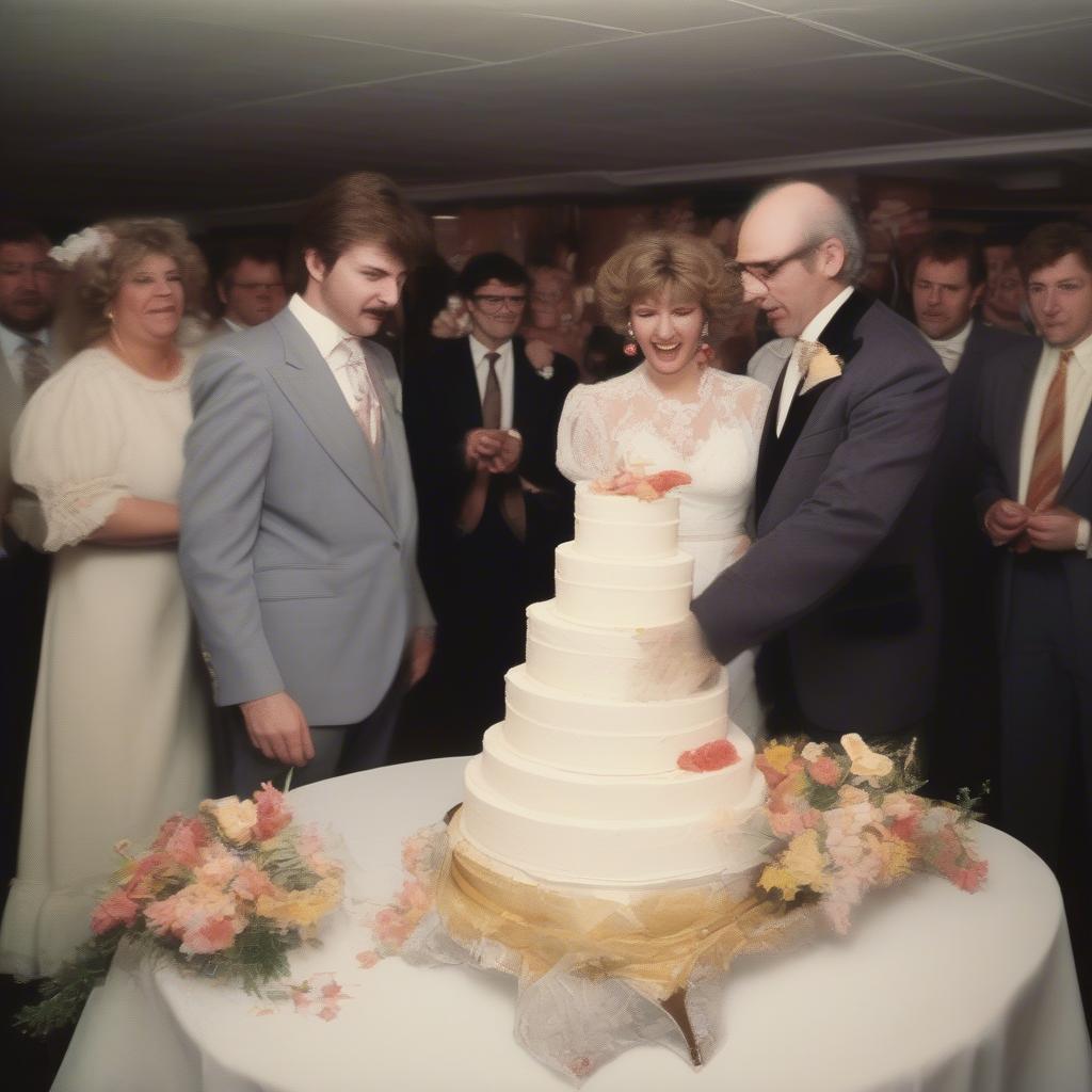 1980s Wedding Couple Cutting the Cake