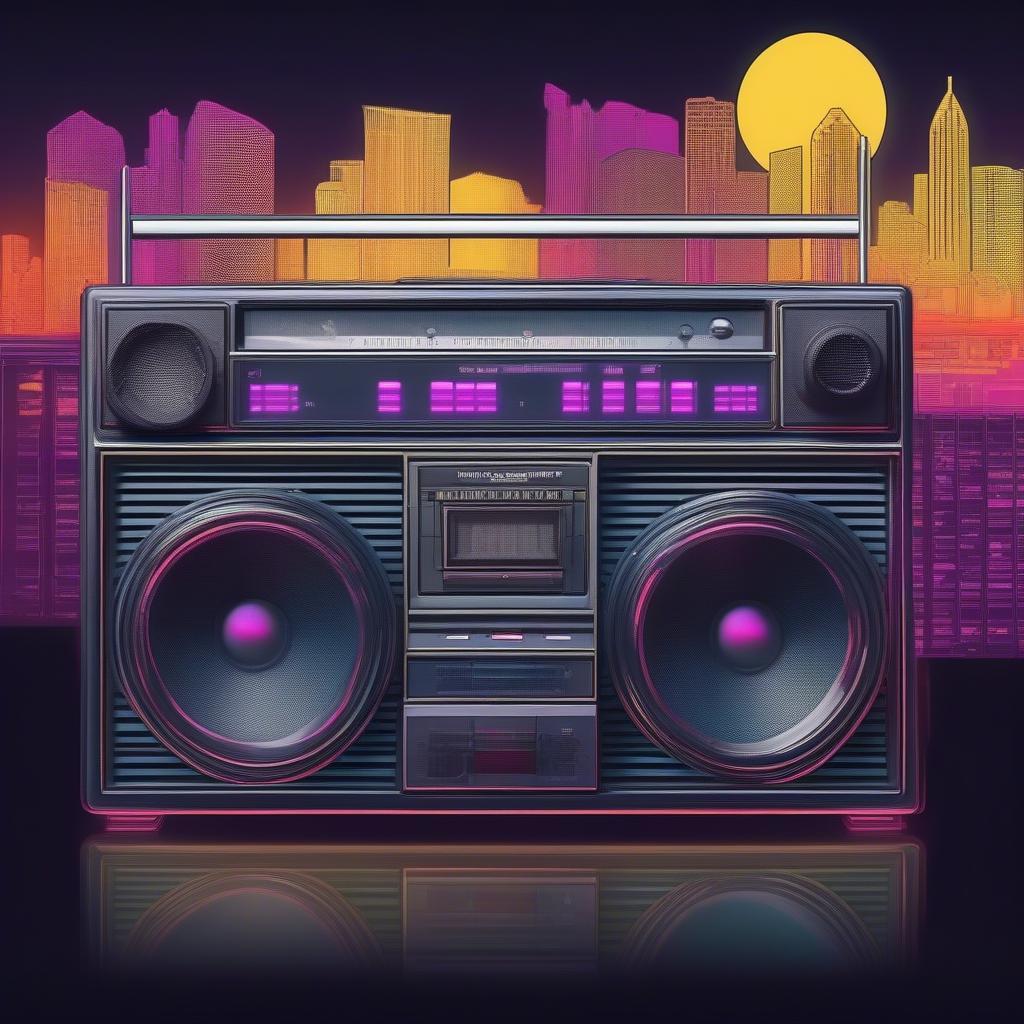 1984 Boombox with Cityscape Background