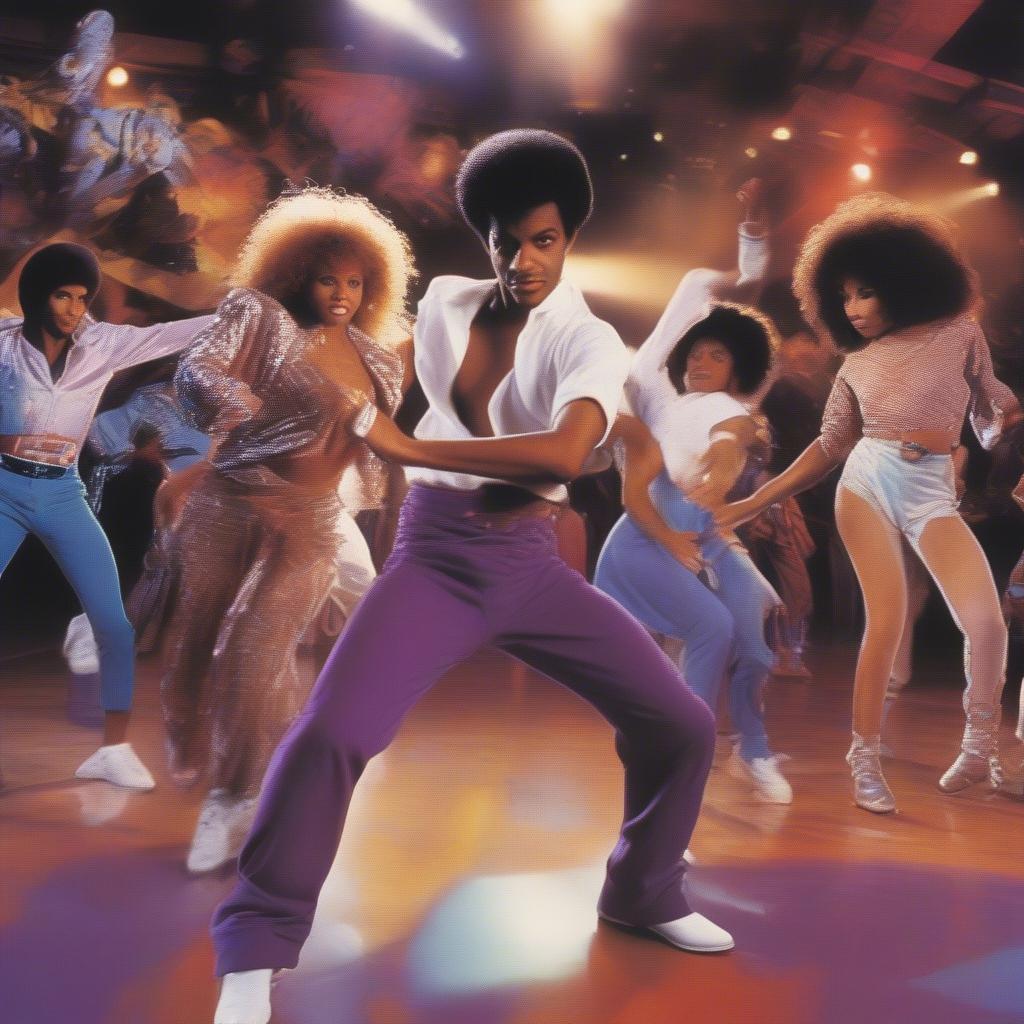 Diverse Dance Genres of 1984: A montage showcasing various dance styles popular in 1984, including breakdancing, electric boogaloo, and the robot, with images of artists like Prince, Chaka Khan, and Kool & The Gang.