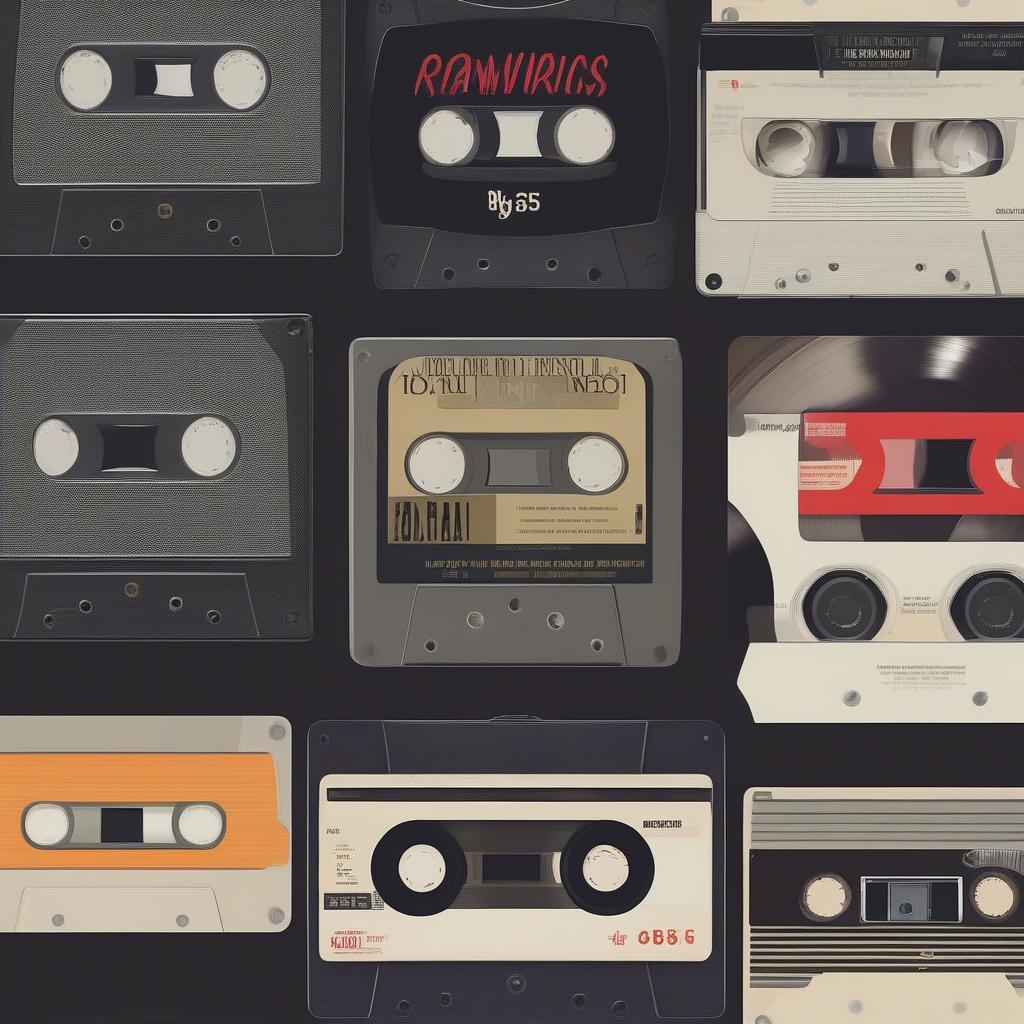 Iconic Hits of 1985: A visual representation of vinyl records and cassette tapes of the top hits from 1985, highlighting the popular music formats of the time.