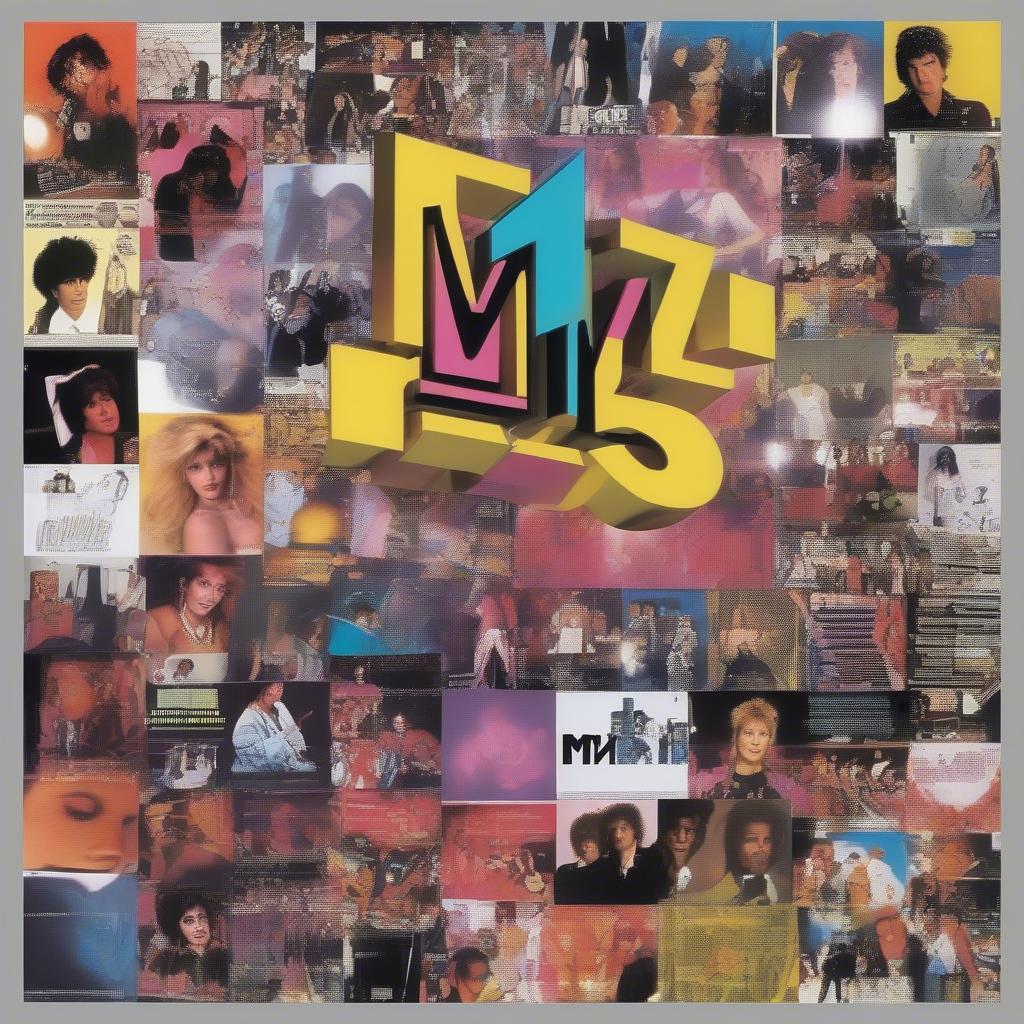 1985 Music Scene and MTV Influence: A montage of images depicting MTV, 80s fashion, music videos, and live concerts from the year, highlighting the significant impact of MTV on music and pop culture.