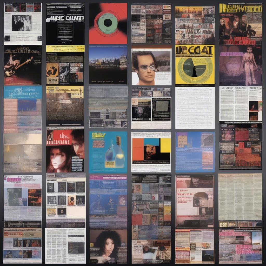 1987 Music Charts: Images of Billboard charts, record store displays, and music magazines from 1987, highlighting the popular songs and artists of the year.