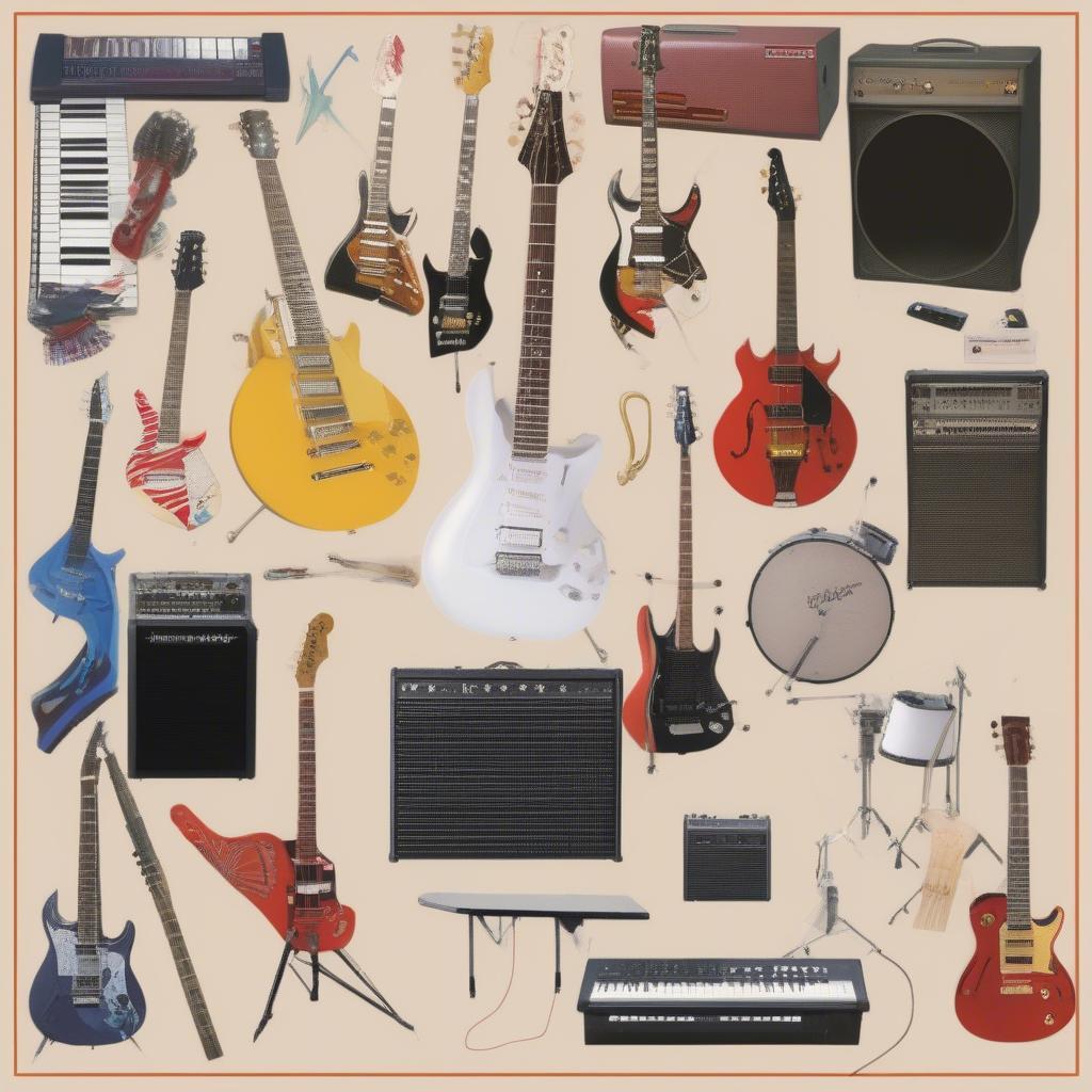 Common instruments used in rock music during 1989, including electric guitars, drums, and keyboards.