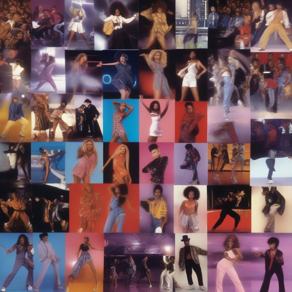 Top Hits of 1990: A montage of images representing iconic songs and music videos from 1990, showcasing the fashion, dance styles, and cultural trends of the time.