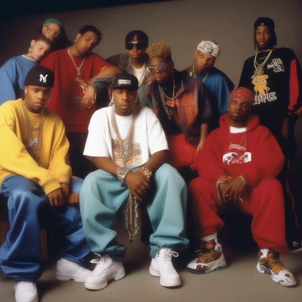 Various photos showcasing popular hip-hop fashion trends of 1999