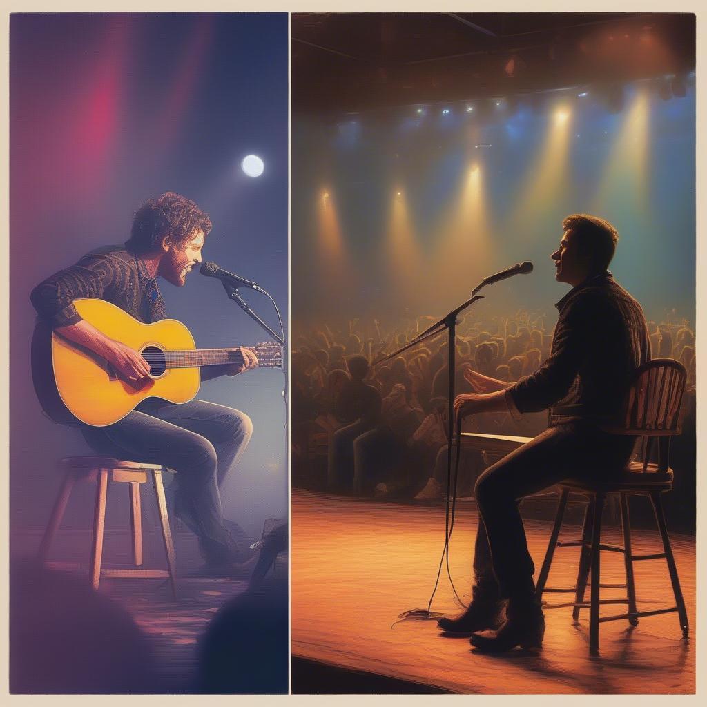 2000s Country Music Anthems and Ballads: A split image showing the contrasting styles of the decade, with one side depicting a lively concert scene representing upbeat anthems and the other showing a solitary figure with a guitar, symbolizing heartfelt ballads.