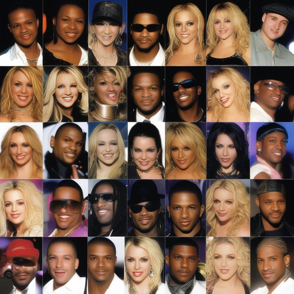 Iconic 2000s Dance Artists: A collage featuring photos of prominent artists like Britney Spears, Madonna, Usher, Rihanna, and The Black Eyed Peas.