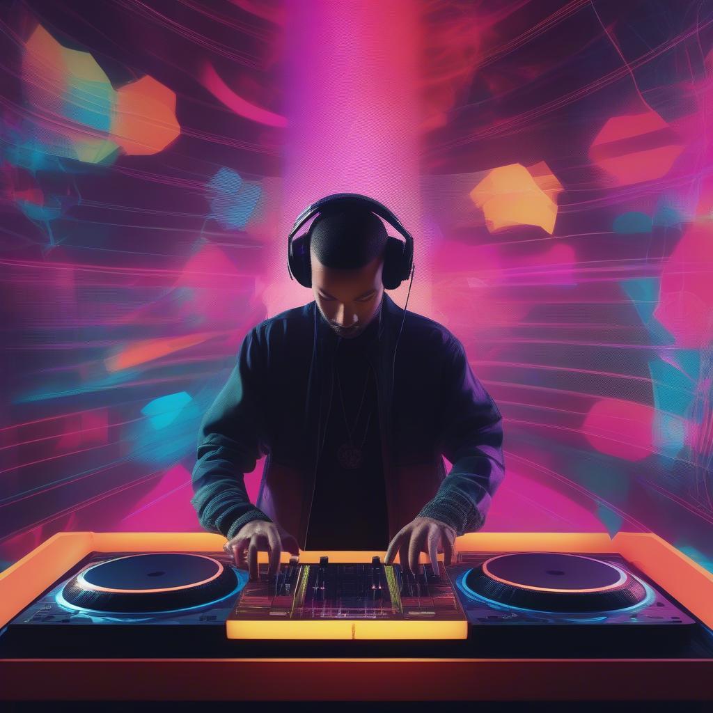 The Legacy of 2000s Dance Music: A DJ playing music on a modern console, with visualizers showcasing the influence of 2000s aesthetics.