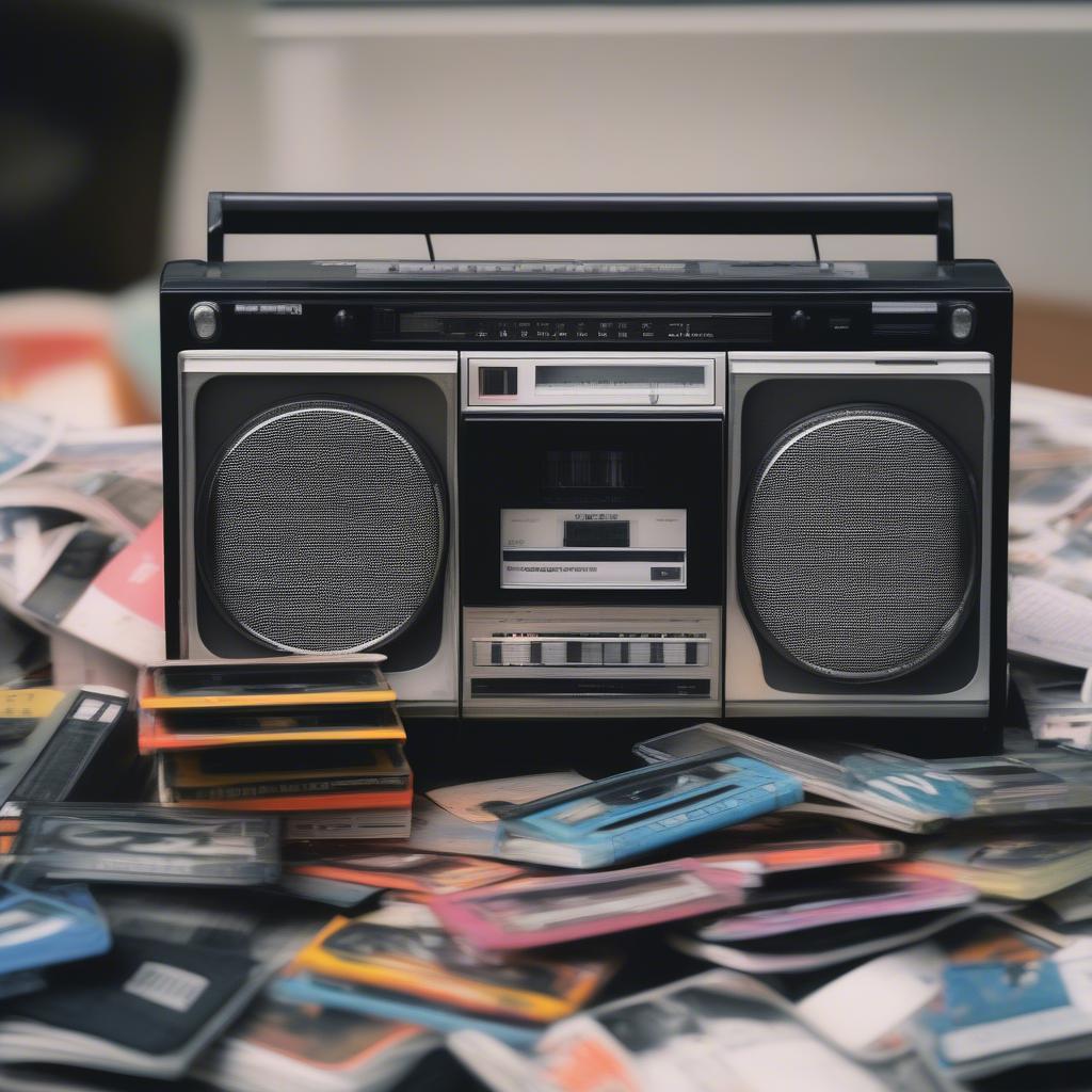 A stack of 2000s rap mixtapes with a boombox.