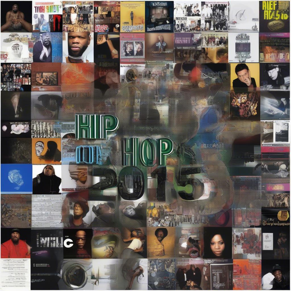 A collage featuring images representing hip-hop, rock, and pop music from 2005.