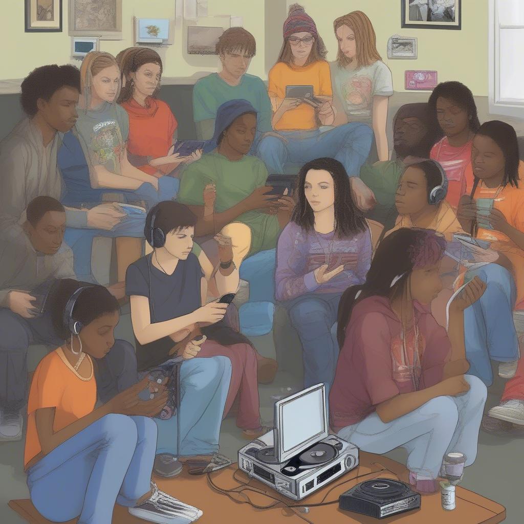 Image of a group of people listening to music on different devices in 2005, reflecting the social and cultural impact of music.