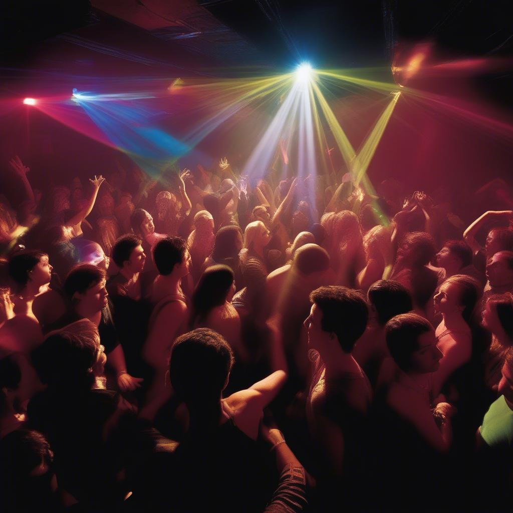 A crowded dance floor in a 2009 nightclub, illuminated by flashing lights