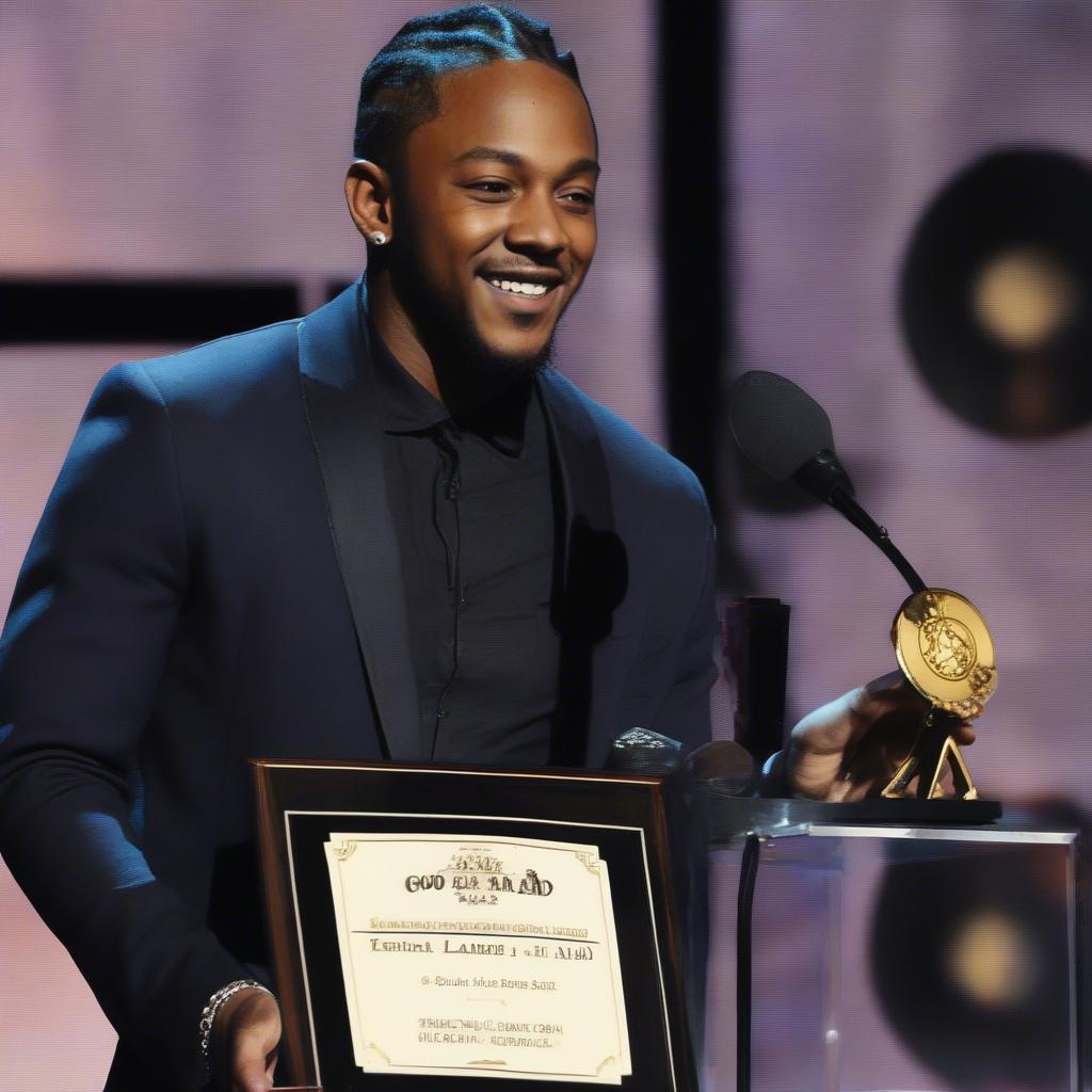 Kendrick Lamar accepting an award for "good kid, m.A.A.d city"