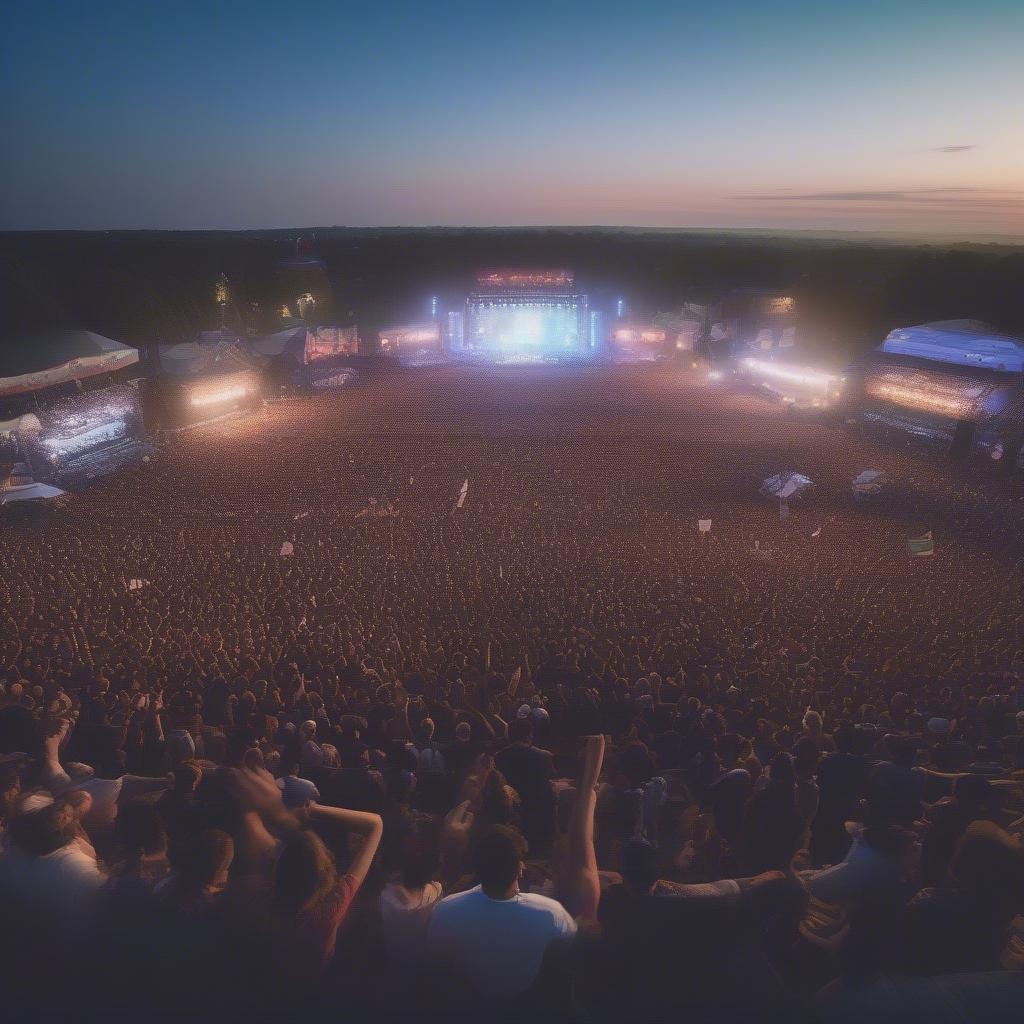 Festival Crowd: A large crowd cheering and enjoying a live music performance at an outdoor music festival.