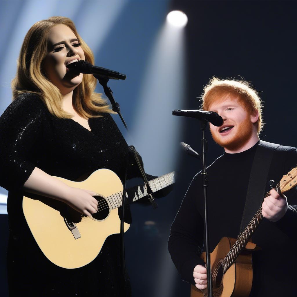 Adele and Ed Sheeran performing live.