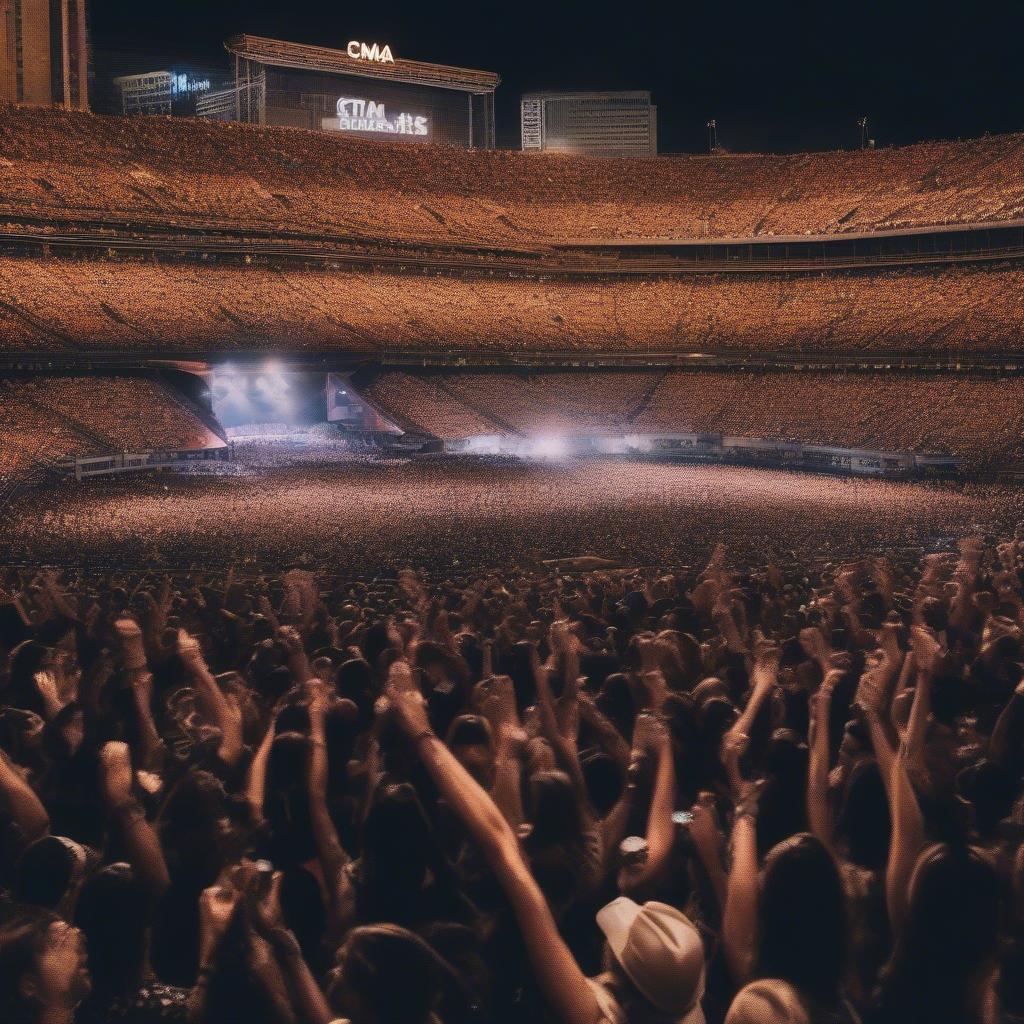 A wide shot of the enthusiastic crowd at the 2019 CMA Fest in Nashville