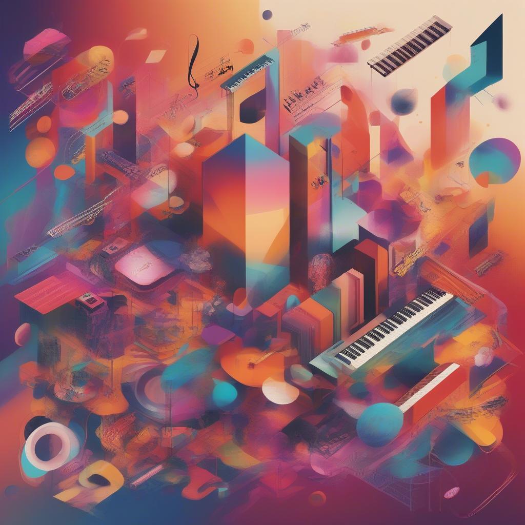 2024 Top Songs Genre Fusion: An abstract image representing the fusion of different music genres contributing to the top songs of 2024. Bold colors and dynamic shapes symbolize the diverse sounds and influences.