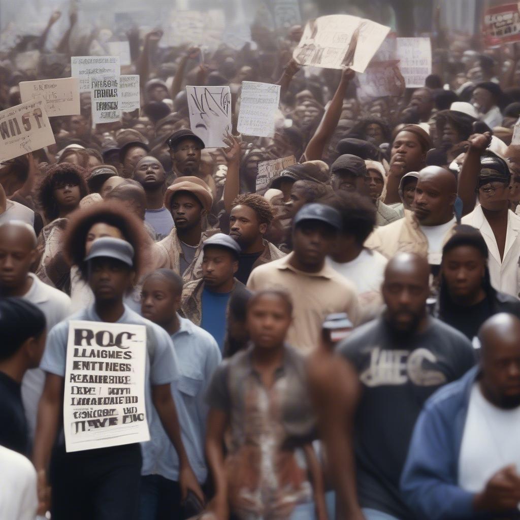 A diverse crowd holding signs and listening to "Changes" during a protest march.