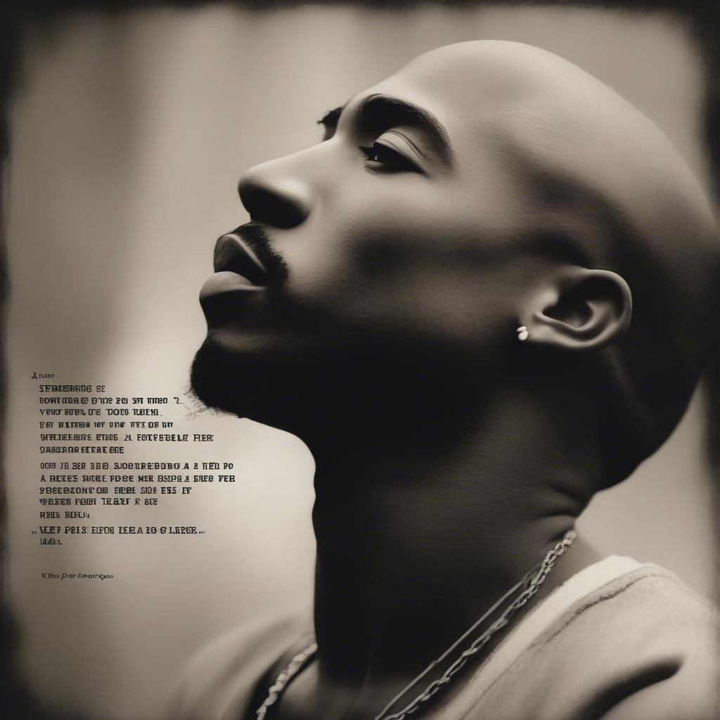 A graphic with the lyrics of "Keep Ya Head Up" overlaid on a picture of 2Pac, highlighting the song's message of empowerment and resilience.