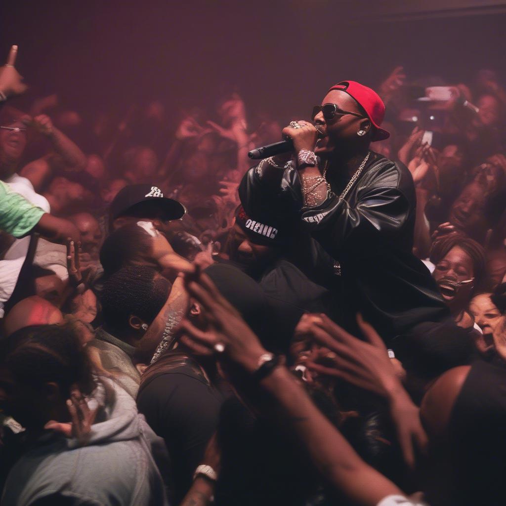 3 6 Mafia performing live on stage, engaging with a hyped-up crowd.