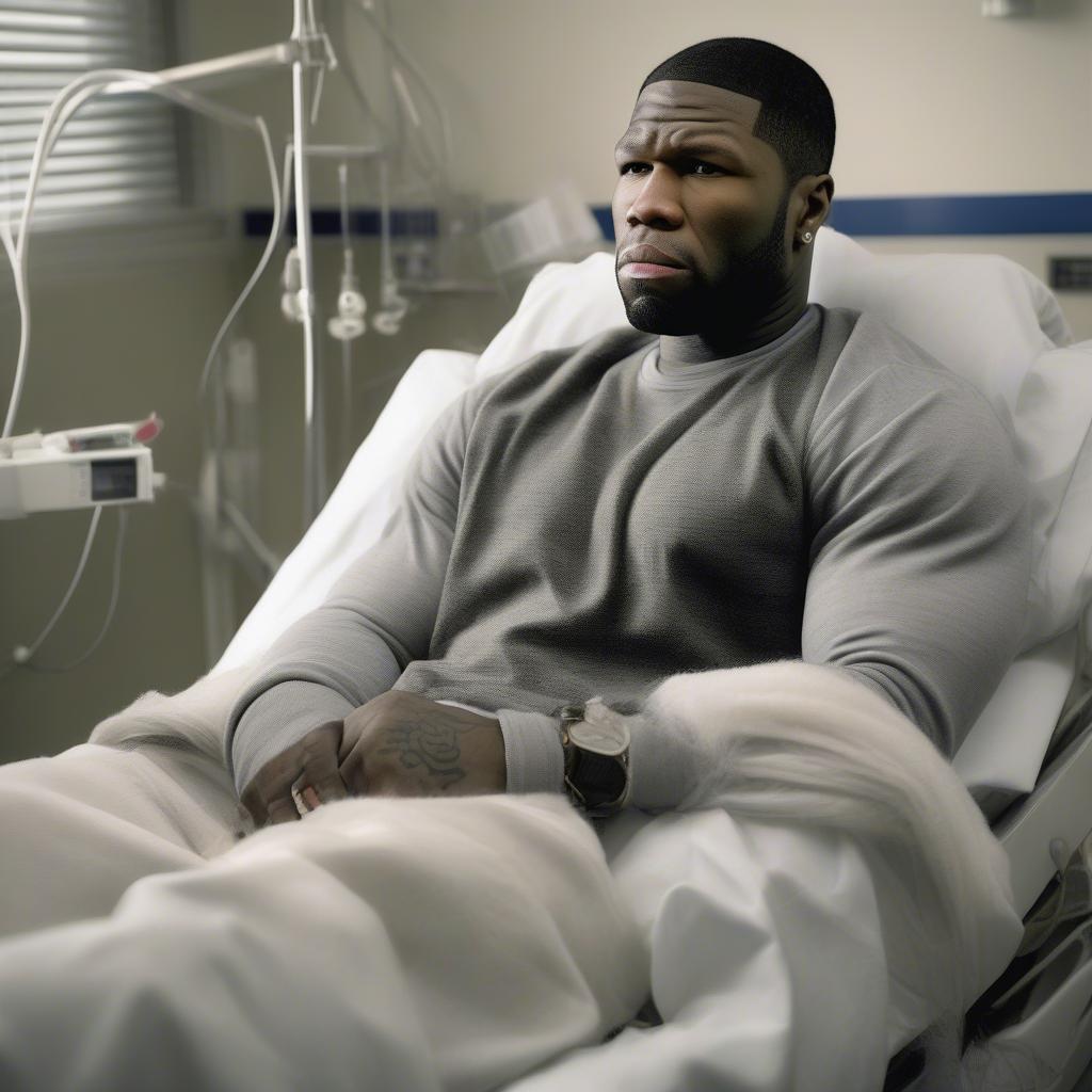 50 Cent in Many Men Music Video - A dramatic still from the "Many Men" video portraying 50 Cent in a hospital bed.