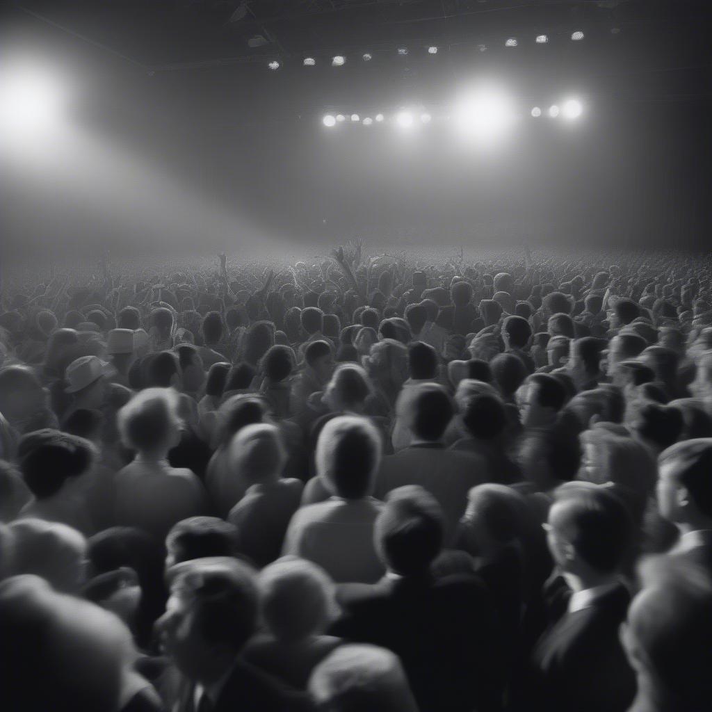 A large crowd of people cheering at a 60s music concert, immersed in the energy and excitement of the performance.